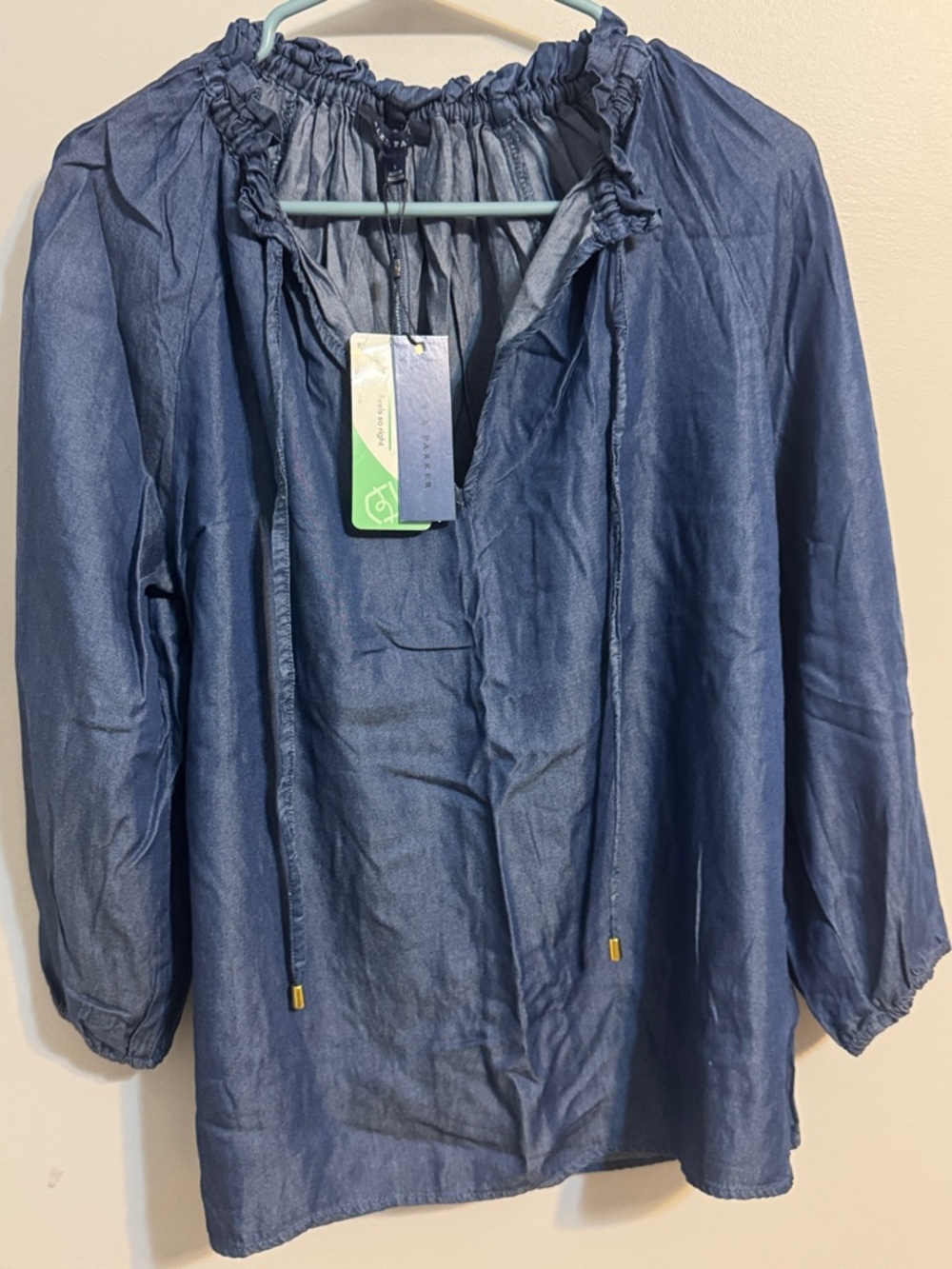 NWT Alex & Parker Blue Peasant Blouse with Drawstring Neck Denim color Womens S
